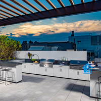 Cuisine extérieure de luxe moderne en acier inoxydable, îlot de cuisson avec barbecue, évier, robinet et crédence, chariot de cuisson, Sweet Home