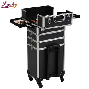 Valise à roulettes professionnelle 4-en-1 en aluminium brillant, élégante, à ouverture facile, pour maquillage et <span class=keywords><strong>coiffure</strong></span> - Product Image 5