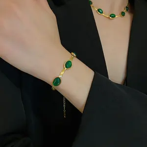 High End Vintage Rvs Groene Hars Kraal Slang Ketting Smaragd Kraag Been Ketting Armband Voor Dames