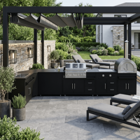 Cuisine extérieure modulaire en acier inoxydable, étanche, avec texture métallique, pour jardin, avec barbecue au gaz