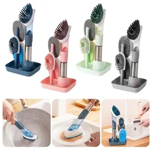 Durable Long Handle Soap Dispensing Interchangeable Head Kitchen Spray Dish Cleaning Brush With Soap Dispenser