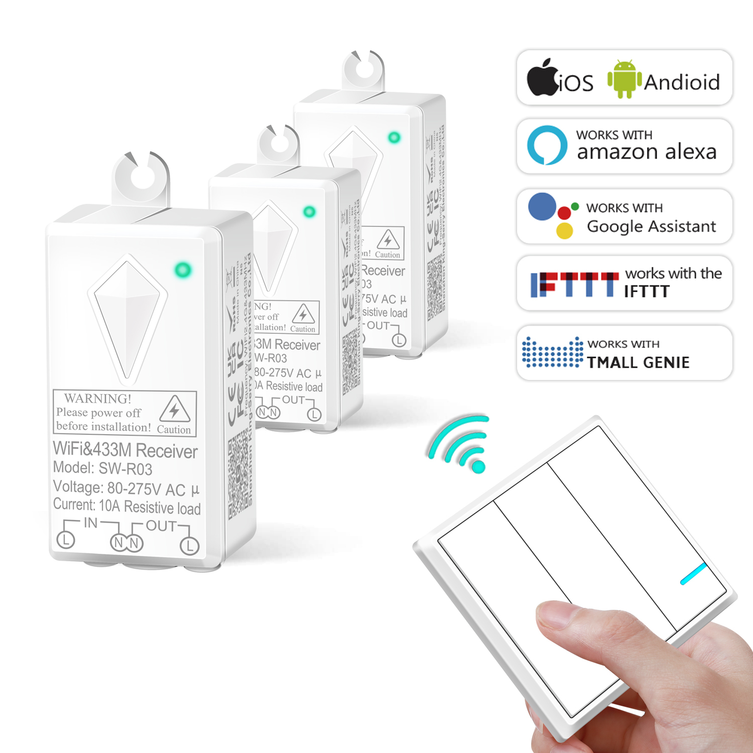 Smart Wire-Free Home Control 3-Gang RF Wireless Switch Set 1000W Load 10A Receiver Ceiling Lamp Compatible No Wiring Needed
