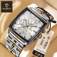 Jam Tangan Pria BINBOND B911 Mewah Bahan Stainless Steel Model Kotak Sport Quartz Chronograph Tahan Air Fitur Dial Kaca Penunjuk
