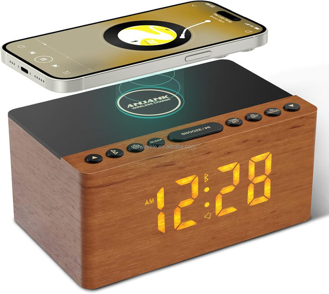 Wooden LED Digital Alarm Clock FM Radio,10W Fast Wireless Charger Station,5 Level Dimmer, USB Charging Port,Bedrooms Sleep Tim