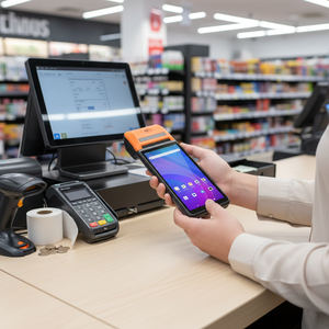 Terminal de point de vente PDA Android 13 V4P avec <span class=keywords><strong>lecteur</strong></span> de <span class=keywords><strong>code</strong></span>-barres QR, écran 6 pouces, 4G LTE, imprimante d'étiquettes NFC, portable, Android 4G LTE - Product Image 1