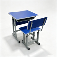 Ensemble de bureau et chaise d'école réglables avec siège bleu, table d'étude à cadre gris avec boîte de rangement, mobilier de classe pour enfants