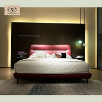 OKF Italienisches Luxus-Minimalistisches Queensize-Bettset Vollständig Massivholzrahmen Verstellbar Rosé-Rotes Echtleder Romantisches Schlafzimmermöbel