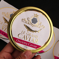 Étiquettes autocollantes personnalisées en papier texturé imperméable, gaufrage 3D, feuille d'or, rondes, pour caviar, certifiées ISO9001
