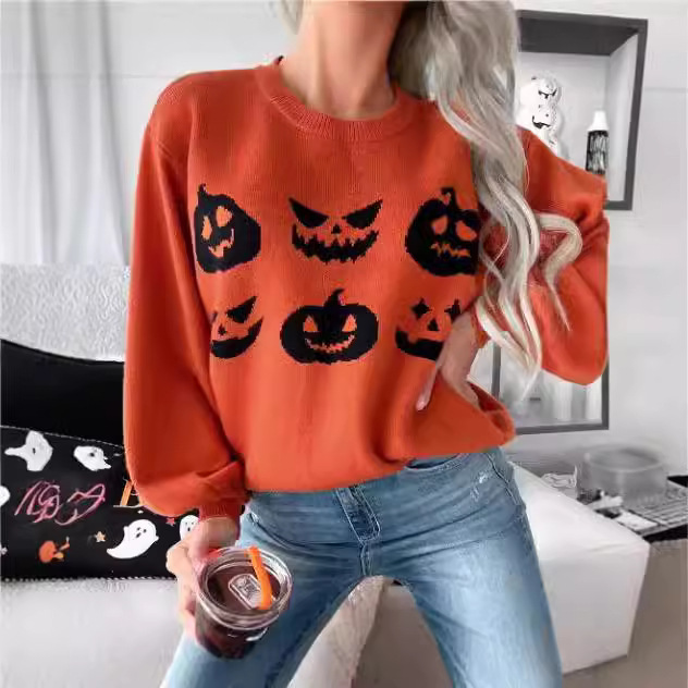 Sudadera Mujer Sin Capucha Halloween – Estampado Calabazas Y Brujas, Manga Larga, Poliéster, Otoño-Invierno