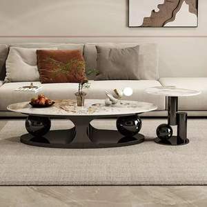 Juego de Mesa de Centro Redonda Moderna de Lujo, Acero Inoxidable Dorado, Superficie de Piedra Sinterizada, Estilo Rústico, Mesa Auxiliar Contemporánea - Product Image 3