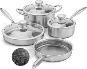 Ensemble de 7 ustensiles de cuisine en acier inoxydable triple couche avec revêtement antiadhésif, comprenant casserole, faitout, poêle à frire et cocotte - Product Image 1
