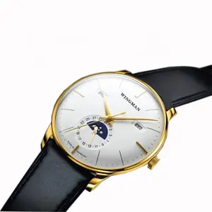 Multifunções dia lua fase data relógio de couro genuíno pulseira negócio mecânico relógio masculino masculino masculino