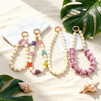 Manik-manik Bunga Lei Hawaii dari Resin Gading Berukir Pikake, Untaian Manik-manik untuk Tali Tas dan Gantungan Kunci, Dilengkapi dengan Patch Baja Tahan Karat