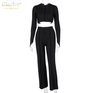 Clacive moda Streetwear traje Casual de manga larga nuevo vendaje de dos piezas pantalones de pierna ancha conjunto - Product Image 5