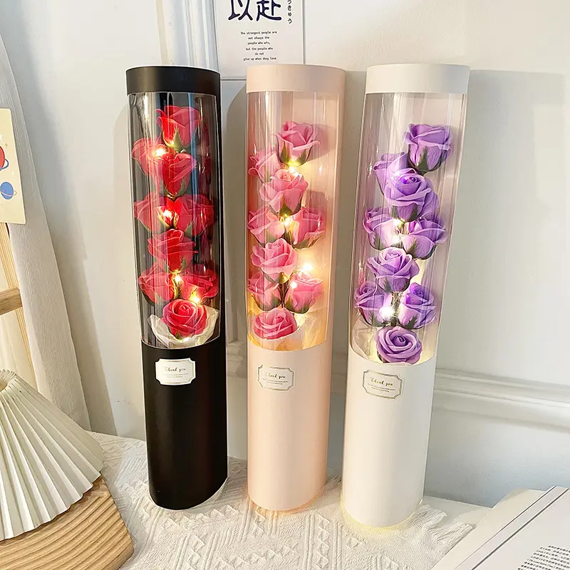 Sabun baru simulasi bunga pelukan buket bulat panjang kertas tabung abadi bunga kotak untuk wisuda musim hadiah