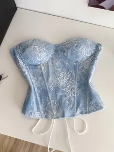 Top court sexy sans manches à cordon de serrage, bustier en dentelle, débardeur chic, crop top pour <span class=keywords><strong>femme</strong></span>, soirée, sling Y2k, respirant - Product Image 1