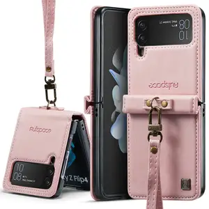 New Trending Wrist Strap Handmade Leather Back Cover Case For Samsung Galaxy Z Flip 4 Luxury Magnetic Flip Cover Case Z Flip 4