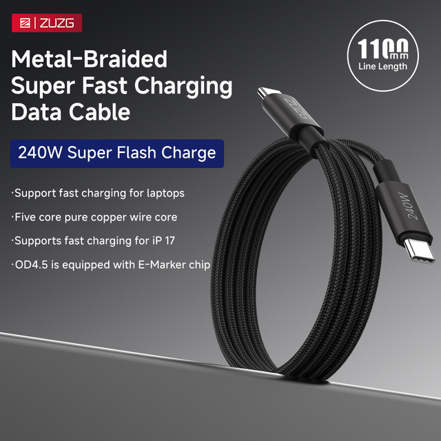 ZUZG Metal-Braided 240W Type Super Fast Charging Mobile Phone Data Usb Cable