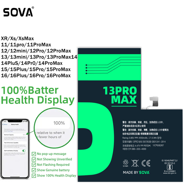 SOVA Showing 100% Healthy Phone Battery for iPhone 6 7 8 Plus X XR XS 11 12 13 Mini 14 15 16 Pro Max Batteries