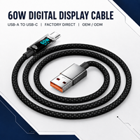 Câble USB-A vers USB-C blindé en nylon tressé 5A 66W à charge rapide avec affichage numérique pour Android et batterie externe – Vente en gros
