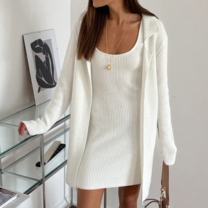 Conjunto de Vestido de Punto para Mujer con Vestido Mini Acanalado sin Mangas y Chaqueta Larga Tipo Cárdigan, Atuendo Casual Primavera Verano 2026 - Product Image 1