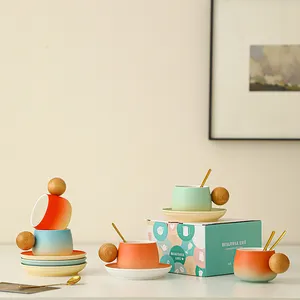 Xícara de cerâmica criativa e fofa com alça de madeira redonda, canecas de chá para escritório e casa, com mudança de cor, ideal para presentes