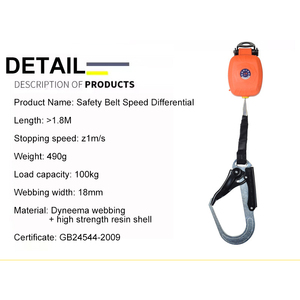 Differenziale di velocità della cintura di <span class=keywords><strong>sicurezza</strong></span> 1.8m prevenzione caduta <span class=keywords><strong>lavoro</strong></span> in altezza discesa autobloccante velocità differenziale doppi ganci grandi - Product Image 4