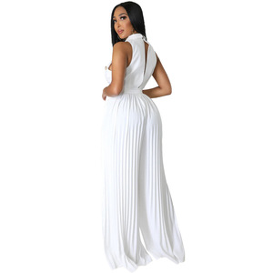 Décontracté col en V sans manches dos nu plissé jambe large femmes élégantes été mousseline de soie femmes Chic une pièce combinaisons avec pantalons longs - Product Image 6
