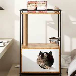 Table d'extrémité de maison de chat en bois avec griffoir coquille de litière pour chat adaptée au salon et à la chambre