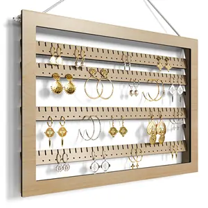 Adjustable Wooden Hanging Earring Organizer Wall Mounted Earring Holder with 150 Notches 145 Holes Earring Display