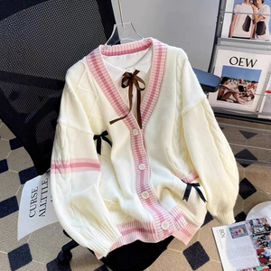 Women's Autumn Winter Loose Knit <b>Cardigan</b> With Bow Contrast Color Single Breasted Anti Pilling Design - Product Image 5