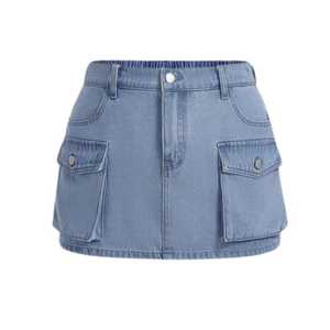 Falda vaquera informal transpirable de cintura media para mujer, falda vaquera de verano a la moda con pantalones cortos incorporados, cinturón y detalles de piel. - Product Image 4