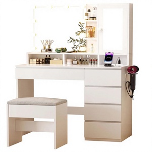 ERLEJIA Coiffeuse Moderne en Bois avec Miroir LED, 6 Tiroirs, Tabouret, Éclairage RGB et Prise de Courant - Chambre/Chambre à Coucher, <span class=keywords><strong>Blanc</strong></span> - Product Image 1