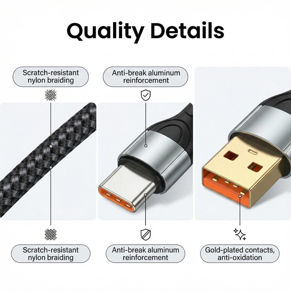 1M USB a to C Cable 2C Fast Charging Nylon Braided Type C Charger Cord ...
