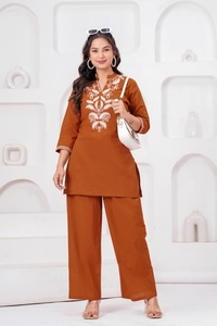 Brown Embroidered Kurti Plazzo Set <b>Three</b> Quarter Sleeve V Neck Casual Wear Solid Color Loose Fit All Seasons Cotton Outfit - Product Image 4