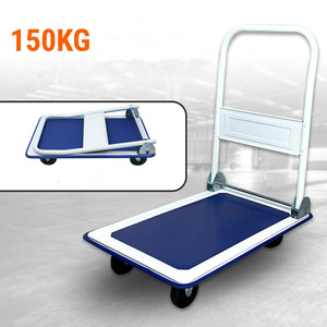 <b>Foldable</b> Flatbed Truck Steel 4 Wheel Blue Industrial Single Layer Cargo <b>Trolley</b> Hand Cart - Product Image 2