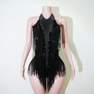 Justaucorps <span class=keywords><strong>Noir</strong></span> Onyx Spandex avec Strass et Franges pour Cabaret, Diva de Scène, Spectacle Burlesque, Performer, Danseuse - Product Image 2