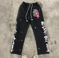 Pantalon de jogging personnalisé en toile avec appliques graphiques, patchs brodés, slogan, coupe droite, jambe large, baggy, délavé à l'acide, pour homme, style flare