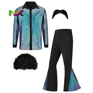 Costume d'Halloween Hippie <span class=keywords><strong>des</strong></span> années 1960-1970 pour Adultes Hommes, Tenue Brillante de <span class=keywords><strong>Chanteur</strong></span> Disco, Pantalon Patte d'Éléphant Évasé en Polyester - Product Image 4