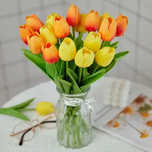 Home Decoration High Quality Lifelike Faux Fleurs Pu Real Touch Flores Artificial Flowers Tulips Bouquets In Vase For Decor