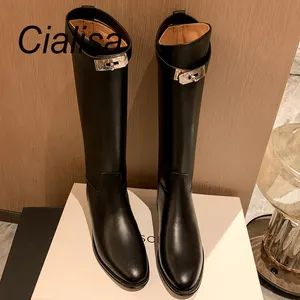 Cialisa Fashion Design Boots Shoes Round Toe Silver Buckle Womans Knee High Boots Classics Flats Custom Winter Shoes