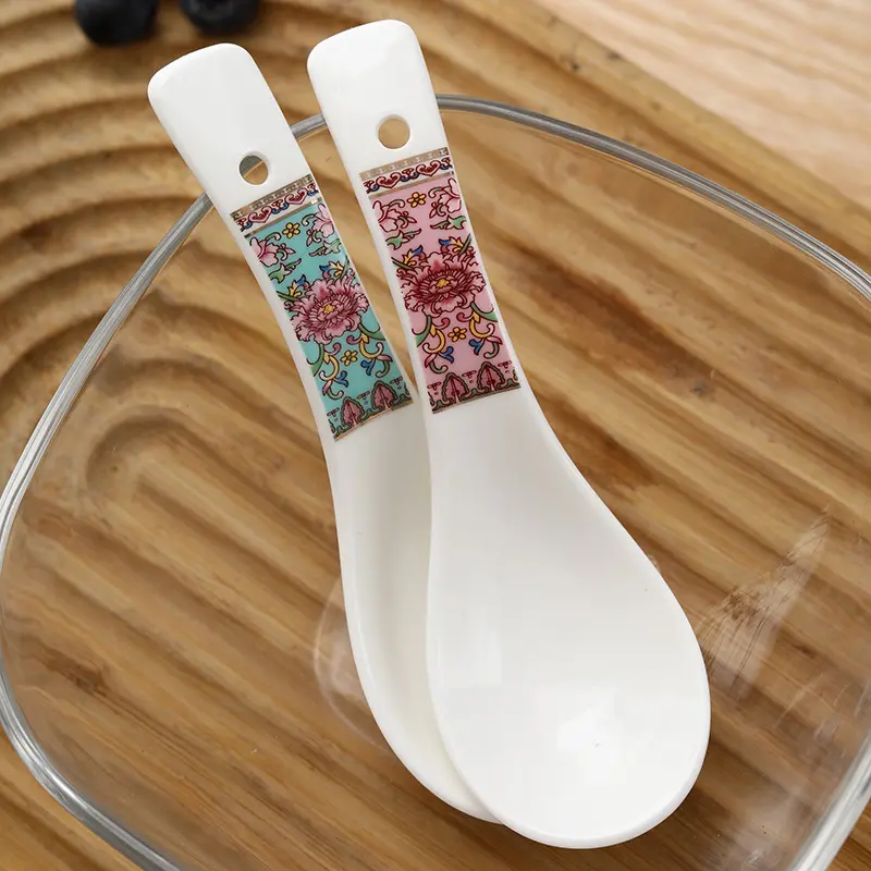 Retro Chinese Ceramic Household Soup Spoon Small Kitchen Long-Handled Rice Spoon Logo Printable for Home Use