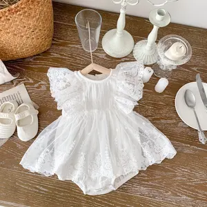 White Baby Baptism Clothing Muslin Cotton Baby Girls Birthday Romper Dresses with Lace Baby Dresses Princess Style Plain Korean