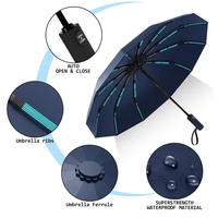 Parapluie pliant compact personnalisé avec logo, 25 pouces, automatique, 12 baleines en fibre de verre, multi-baleines, anti-tempête, coupe-vent, en tissu pongé 210T