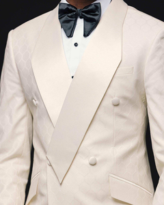 Özel Yapım Krem Rengi Jakarlı Kruvaze Sivri Yaka Smokin Ceket, Erkek Lüks Düğün Yemeği Takım Elbise Blazer'ı - Product Image 3
