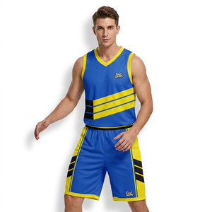 Conjunto de Camiseta de Baloncesto Personalizada Unisex Azul y Amarilla, sin Mangas, Cuello en V, Secado Rápido, Impresión por Transferencia de Calor, 100% Poliéster, Deportiva - Product Image 1