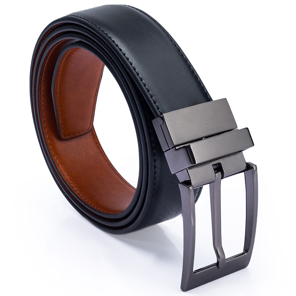 Модный брендовый мужской деловой официальный дизайнерский ремень из натуральной кожи с вращающейся пряжкой синего цвета с двусторонней пряжкой