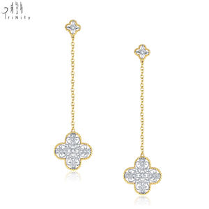 Pendientes de Oro Sólido de 18K con Diseño de Trébol de Cuatro Hojas y Cruz, con Diamantes Naturales, Estilo Vintage, para Mujer - Product Image 1