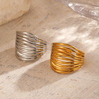 Cincin Garis Minimalis Stainless Steel Trendi Gaya Eropa dan Amerika, Cincin Terbuka Berlapis Emas 18K Gaya Instagram yang Dapat Disesuaikan