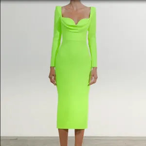 Vestido bodycon de manga longa, vestido bodycon feminino de manga longa e verde, cor lisa, sexy e com gola quadrada, 2023